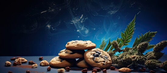 Medicinal marijuana infused CBD cannabis cookies and cocoa sprinkled with hemp seeds set against a vibrant dark blue background creating a visually appealing copy space image