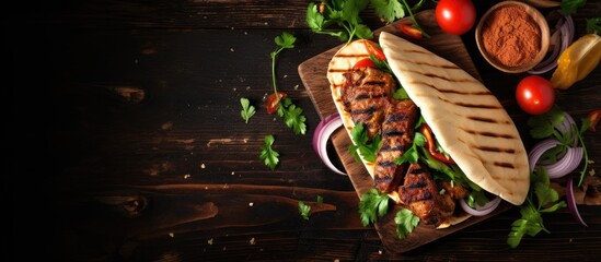 Top view of a healthy lunch with a grilled chicken sandwich made with fresh pita bread filled with onions and greens served on a dark wooden background Shashlik or shish kebab Image provides copy spa