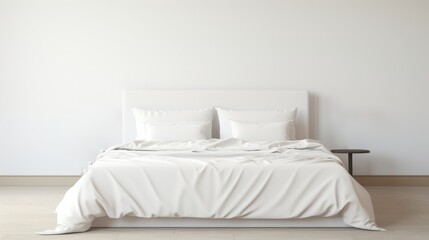 Minimalistic bed with white linens in modern minimalistic empty interior