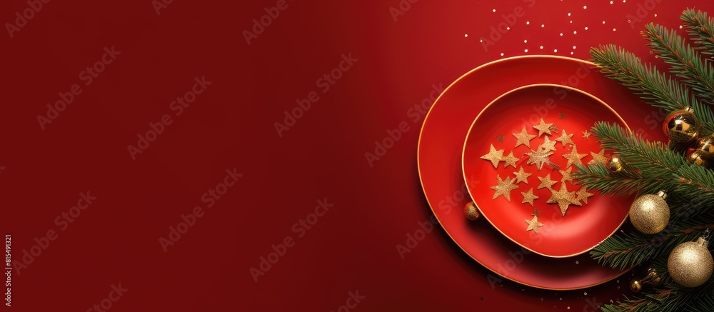 Poster A Christmas themed copy space image featuring a red saucer adorned with numerous golden stars The saucer rests on a vibrant red background and is surrounded by pine branches presented in a flat lay s