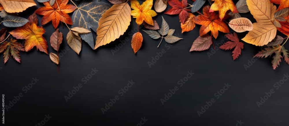 Poster autumn colored leaves scattered on a black chalkboard with ample space for adding text or graphics i