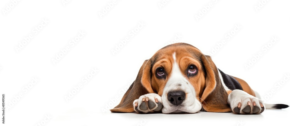 Poster A beautiful tri color beagle dog climbs and lies down on a white isolated background in a studio The puppy gazes directly ahead while the image offers space for text and advertisements