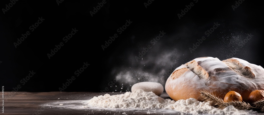 Poster Copy space image of a black baking background with flour scattered on a board creating a depiction of the bakery and home bread making concept