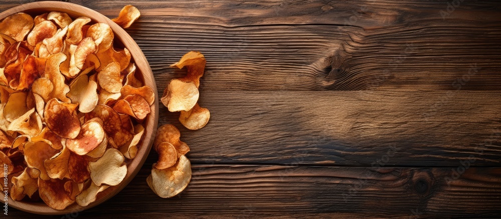 Poster an organic natural food consisting of dried apple chips is beautifully presented in a close up top v