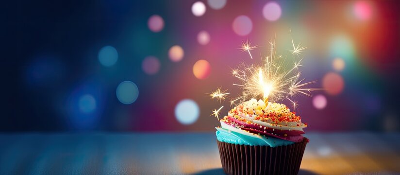 The colorful background sets the perfect scene for a festive cupcake with a sparkler creating a unique and celebratory copy space image for holidays or birthdays
