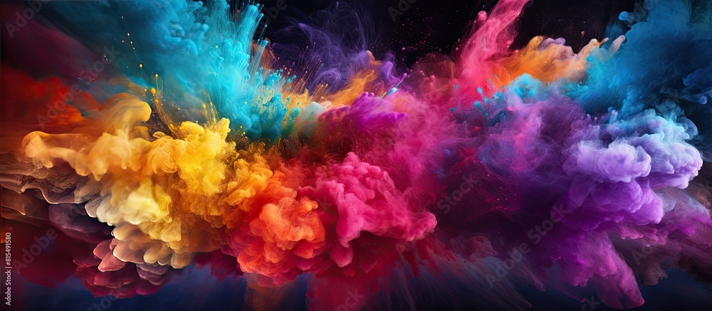 Poster A vibrant and dynamic image of colorful powder bursting into the air creating a mesmerizing visual spectacle The captivating display includes a mix of vibrant shades and glimmering textures Perfect f