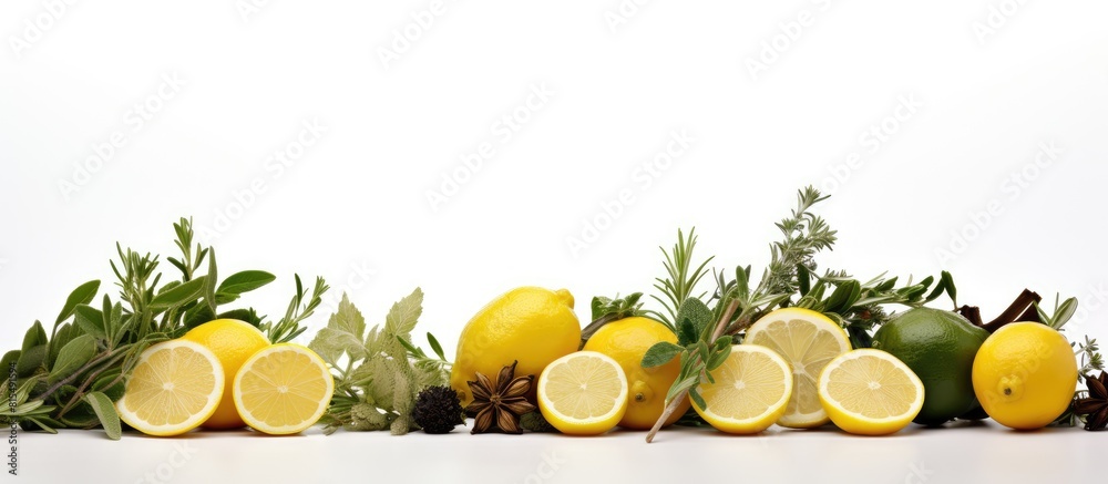 Poster A copy space image showcasing the combination of lemon and thyme ingredients against a white background