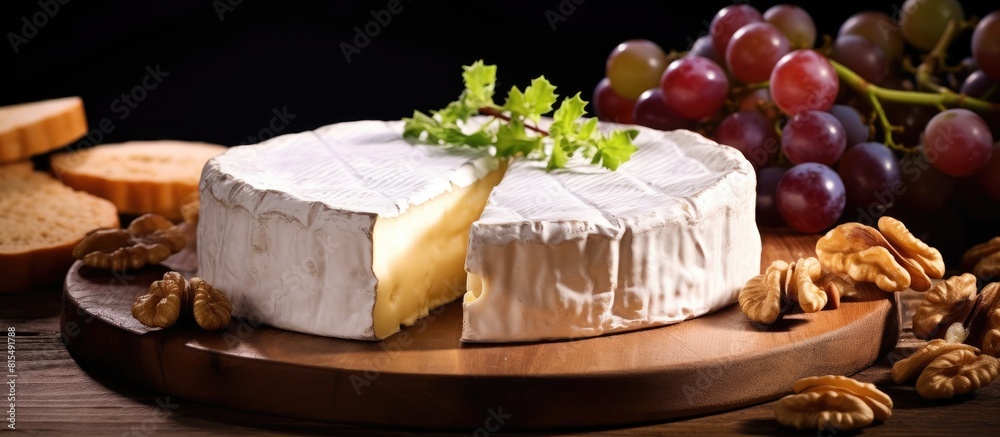 Poster A mouthwatering copy space image featuring Camembert cheese garnished with crunchy walnuts and juicy grapes