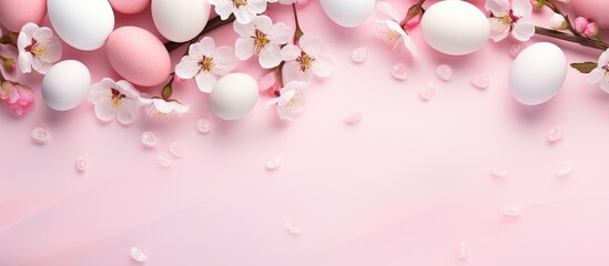 A beautiful aerial shot of Easter eggs and cherry blossom flowers with a double border against a soft pink banner background Plenty of copy space is available