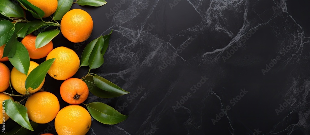Poster top view of a flat lay fruit composition featuring an orange or tangerine with leaves placed on a bl