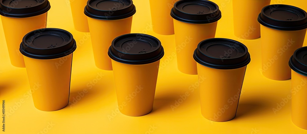 Poster On a bright yellow background there are black cups displayed with ample copy space for inserting an image