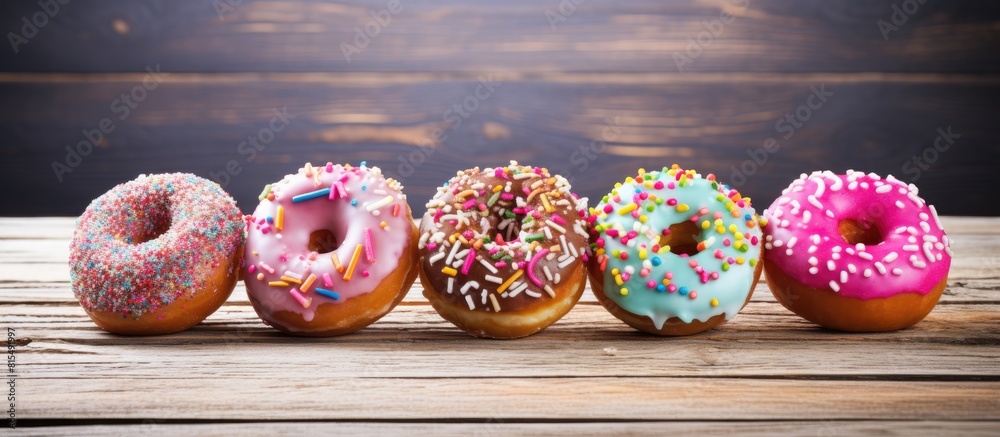 Aufkleber a vibrant breakfast composition featuring a variety of colorful doughnuts placed on a weathered wood