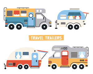 Set of colorful cartoon campers RV. Road home Trailers. Camping caravan cars. Mobile home for country and nature vacation. Set of four Hand drawn Vector illustrations