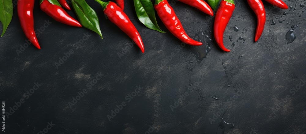 Poster Flat lay of five vibrant red chilli peppers arranged on a sleek black slate board leaving ample room for additional elements in the copy space image