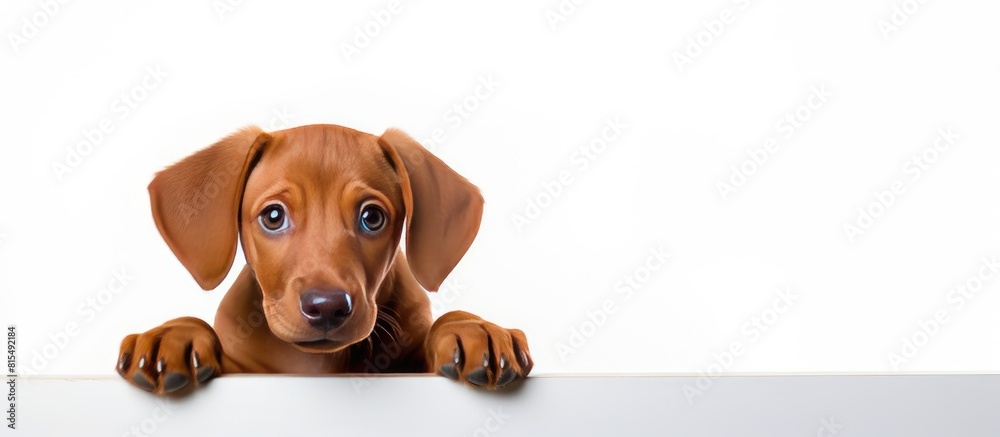 Poster an adorable red dog sits on a white background in a copy space image