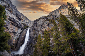 Gorgeous Sunset on Lower Yosemite Falls, Yosemite National Park, California