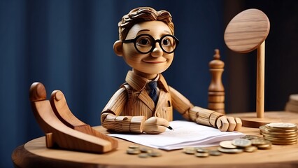 Finance concept Male wooden puppet sitting at a table
