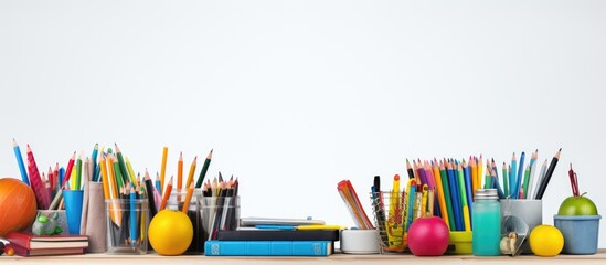 A copy space image featuring various school supplies and tools set against a white background