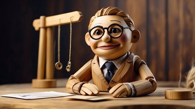 Finance concept Male wooden puppet sitting at a table
