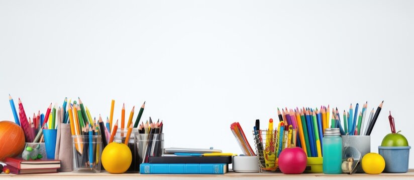 A copy space image featuring various school supplies and tools set against a white background