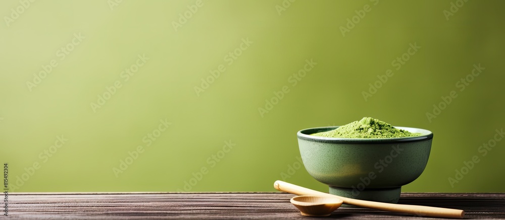 Poster a bowl of matcha tea is accompanied by a bamboo whisk with ample copy space available