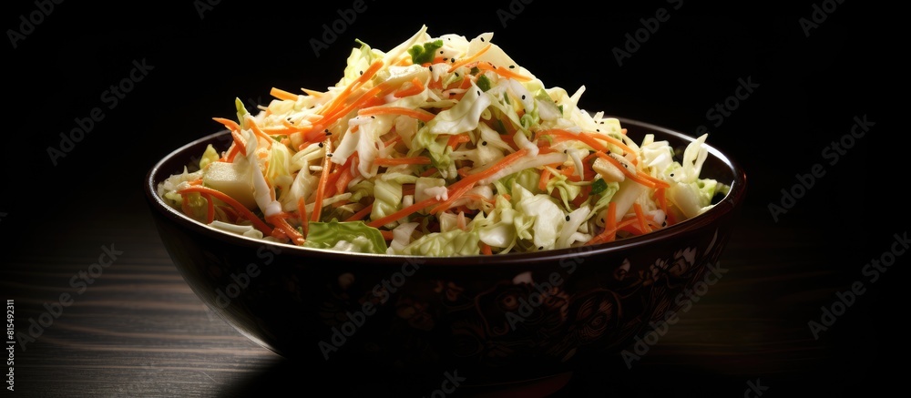 Poster A copy space image shows coleslaw placed on a black background highlighting its details and textures