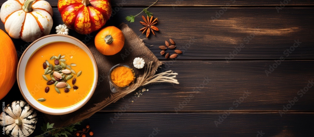 Poster a top view image of pumpkin soup served on a wooden table with bowls of ingredients nearby ample spa