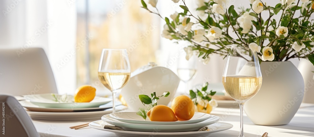 Aufkleber Festive Easter table setting at home featuring a traditional meal with ample space for adding text