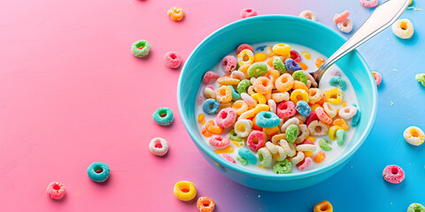 colorful cereal in blue bowl with spoon top view, 