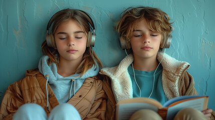 Boy and girl friends listening to music and reading on solid color background