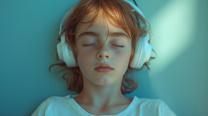 Boy listening to music on solid color background