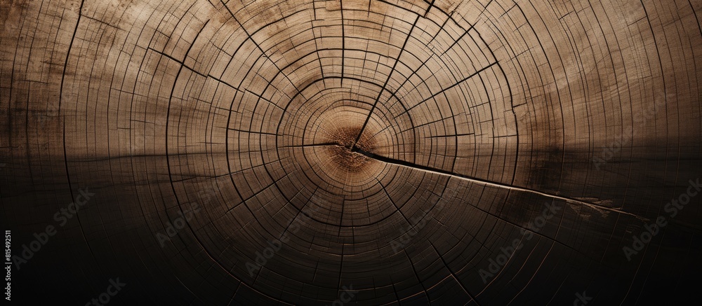 Poster aged tree with cracks displaying growth rings on a wooden cross section abstract backdrop with a woo