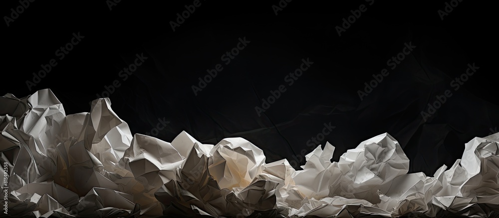 Poster Copy space image of crumpled paper sheets against a dark backdrop providing room for text