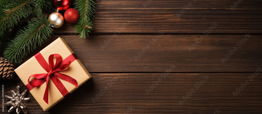 Poster top view image of a christmas greeting card featuring a beautifully arranged present box gifts fir t