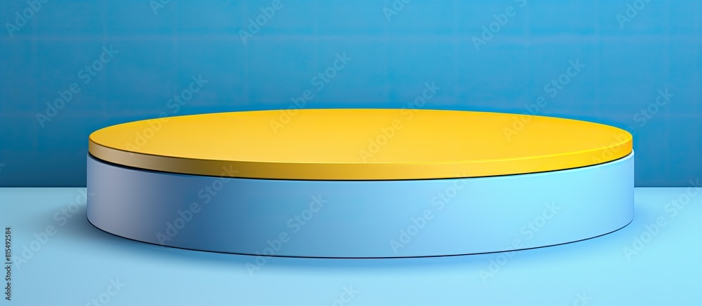 Aufkleber A light blue podium platform sits on a blue and yellow background resembling a blank round geometric shape The image is a top view designed for product display purposes and the background features an