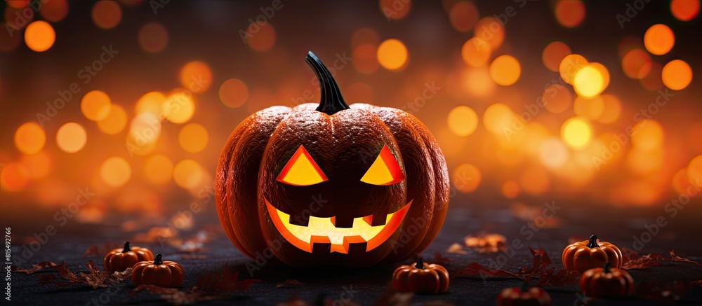 Poster an image showcasing a vibrant halloween theme with a carved pumpkin bats silhouetted against an oran