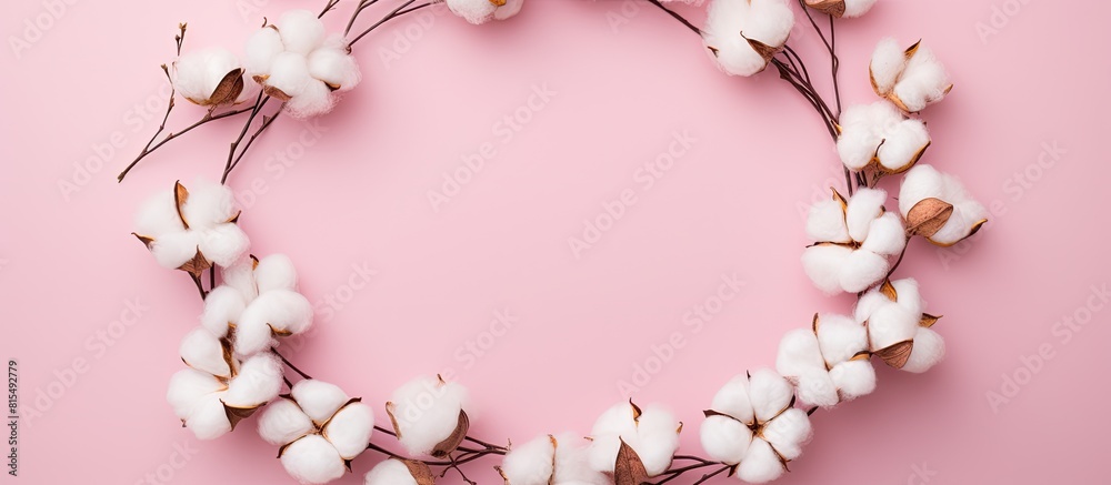 Aufkleber a creative arrangement of cotton flowers forms a circular shape on a pink background creating a mini