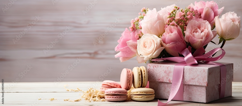 Poster a beautiful gift box filled with delicious macaroons and accompanied by a bouquet of fresh flowers c