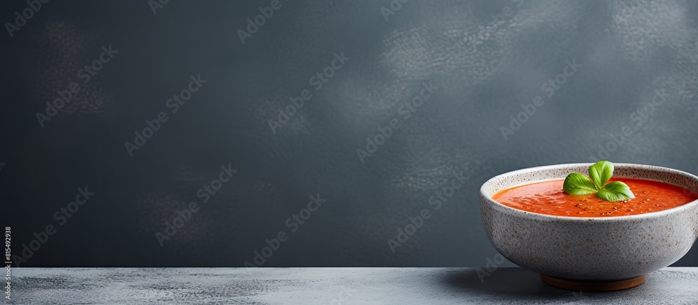 Poster closeup copy space image of a homemade tomato soup bowl on a grey background offering room for text