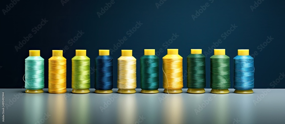 Poster A row of colorful sewing thread spools in blue yellow and green on denim with space for additional images or text