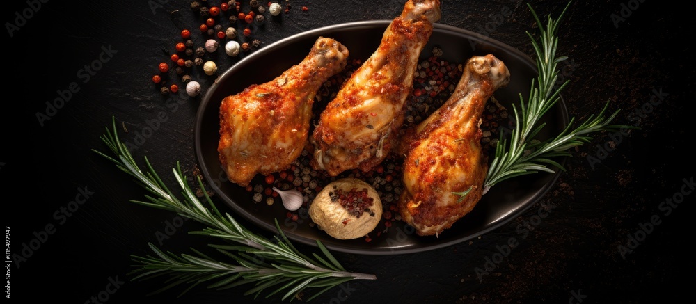 Poster a top down view of fried chicken legs garnished with rosemary garlic and chili with a blank space fo