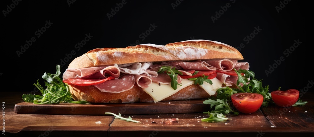 Poster a copy space image featuring a wooden board with a baguette toast adorned with arugula mortadella ha
