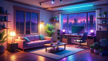animated virtual backgrounds, stream overlay loop, cozy lo-fi living room at night, vtuber asset twitch zoom OBS screen, anime chill hip hop