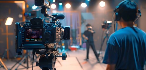 A cameraman films an event with professional equipment, broadcasting live to television screens.