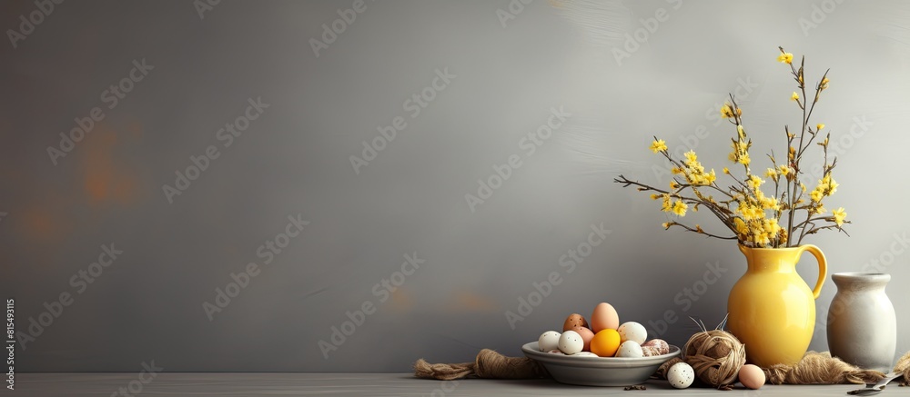 Poster Easter themed table with a decorative background and empty space for your personal touch. Creative banner. Copyspace image