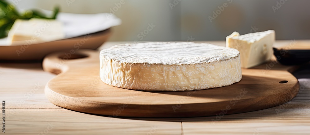 Poster A copy space image of homemade franch cheese displayed on a rustic wooden plate with a soft light background