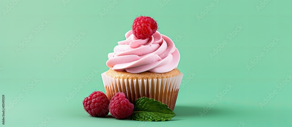 Aufkleber A cupcake decorated with raspberry and mint toppings adorned with frosting on a pink background with copy space image