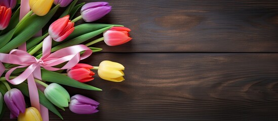 A greeting card showcasing colored Easter eggs vibrant spring tulip flowers and ribbon on a lush green wooden background The top view offers ample space for additional elements