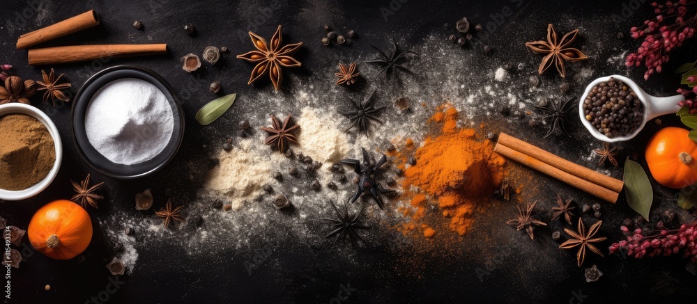 Poster a top down view of a halloween themed baking background on a black backdrop featuring sugar powder b