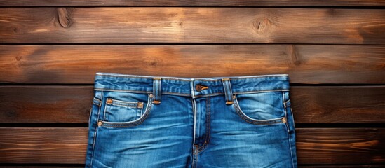A front view copy space image of blue denim jeans shorts placed on a wooden background - Powered by Adobe